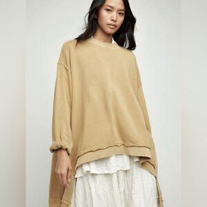 Free People Mustard Iggy Pullover Sweatshirt XS Oversized Raw Hem Boho Pullover